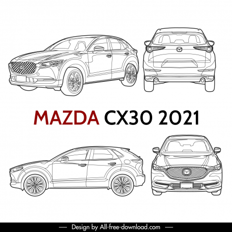  Mazda cx 30 2021 plantilla de publicidad de automóvil negro blanco dibujado a mano diferentes vistas esquema de vectores stock en formato para descarga gratuita 162 bytes