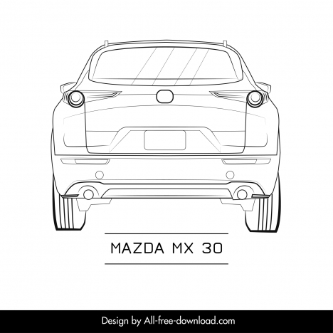 mazda mx 30 car model icon flat symmetric black white handdrawn back view outline