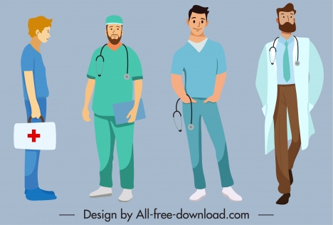 medic occupation icons men sketch colored cartoon characters
