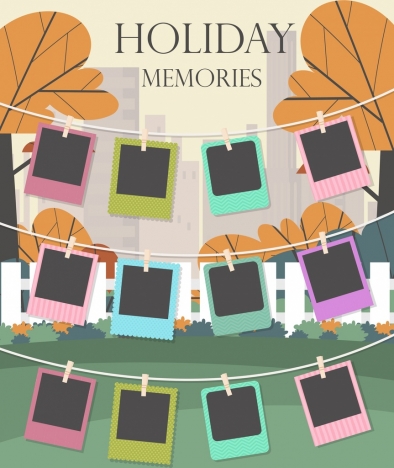memories background hanging pictures icons colorful design