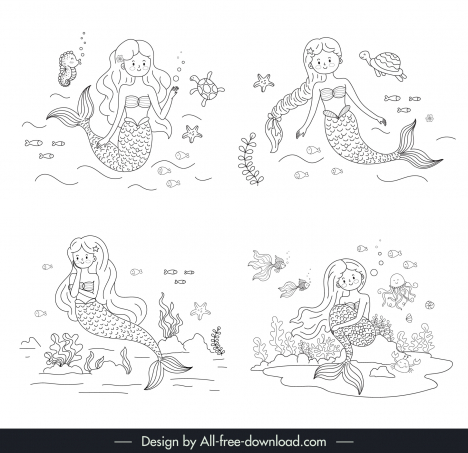 mermaid fairy fale design elements collection handdrawn cartoon outline