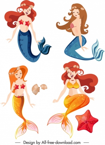 Mermaid icons colored cartoon characters sketch vectors stock in format for  free download 