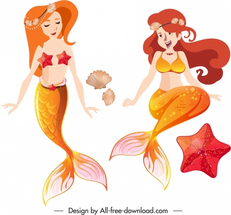 Mermaid icons cute girls sketch cartoon characters design vectors stock in  format for free download 