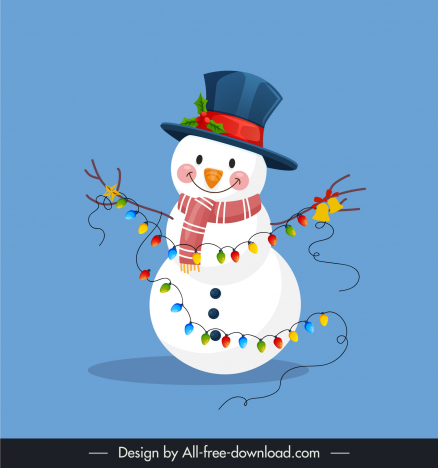 merry christmas design elements happy snowman icon decorated lights sketch