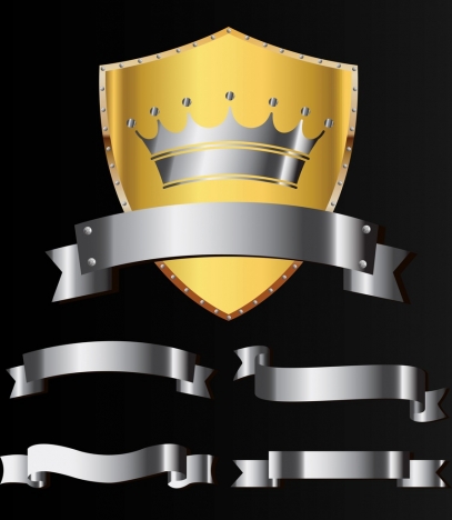 metal icons design elements shield crown ribbon emblems