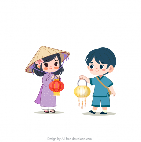 mid autumn design elements cute cartoon traditional vietnamese children