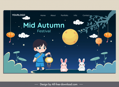 mid autumn landing page template cute boy rabbit moonlight