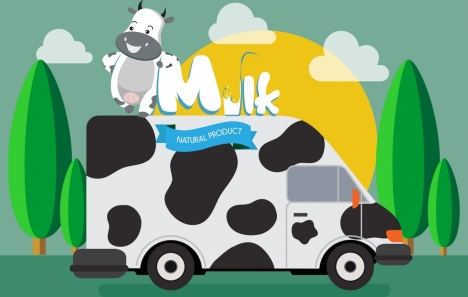 milk advertising car cow icons cartoon design