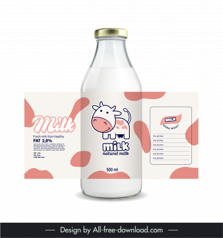 Milk bottle packaging design elements cute handdrawn cartoon cow vectors  stock in format for free download 162 bytes