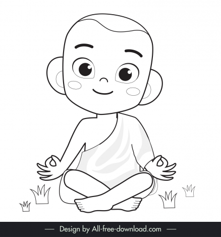 monk meditate icon funny lovely bw cartoon character outline