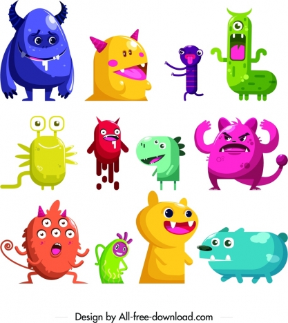 monster icons collection colored cartoon characters design