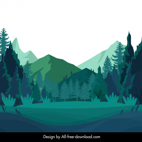 Mountain forest scene backdrop colored flat classic design vectors ...