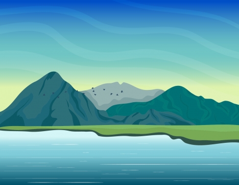 Mountain lake scene painting colored cartoon design vectors stock in format  for free download 
