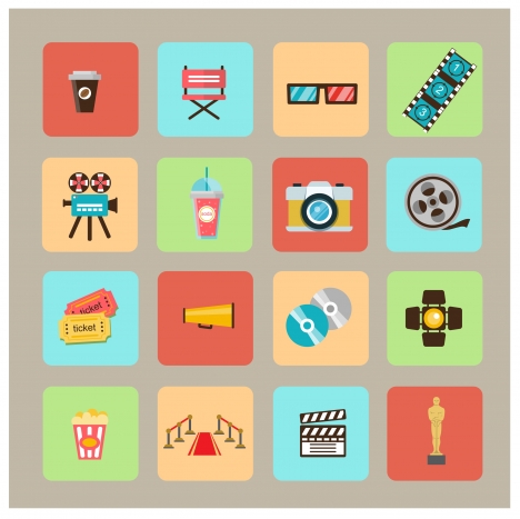 movie and cinema symbols isolated with various types