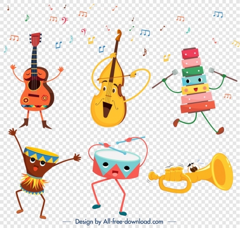 Music instrument icons cute stylized cartoon characters vectors stock in  format for free download 