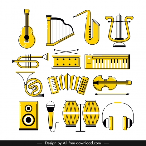music instruments icons classical yellow sketch