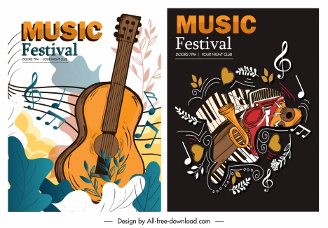music posters templates colorful retro decor instruments sketch