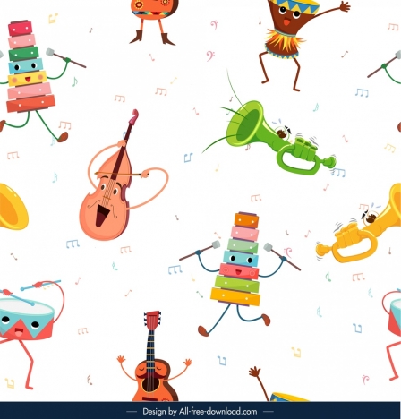 musical instruments pattern colored stylized icons decor