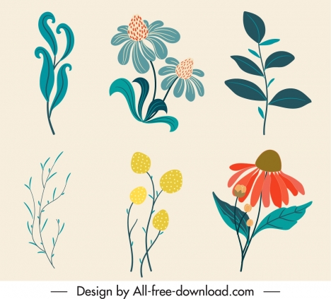 natural design elements colored classic handdrawn flowers leaf