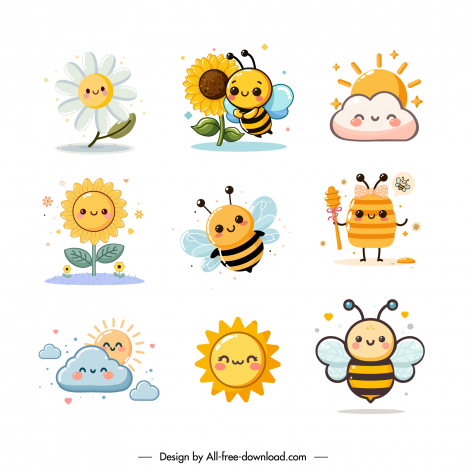 nature design elements collection cute bee sun cloud symbols