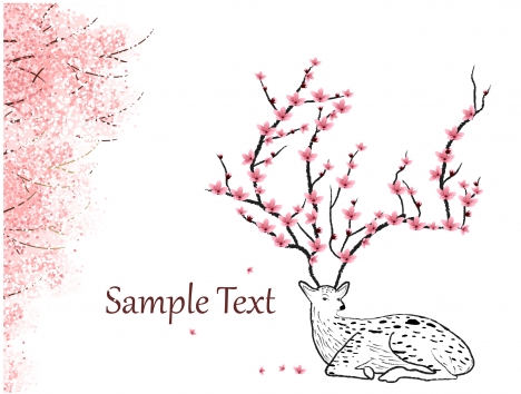 new year card with deer and peach blossom