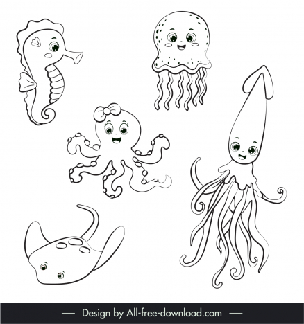 Ocean animals icons cute black white handdrawn cartoon outline vectors  stock in format for free download 162 bytes