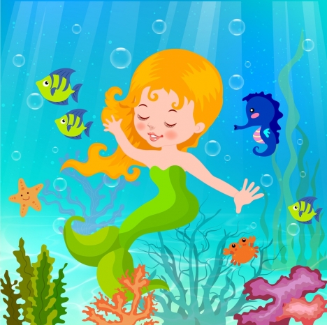 ocean background cute mermaid icon colorful cartoon design