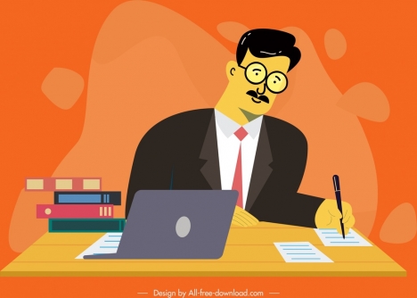 office man icon laptop desk decor cartoon sketch