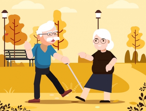 old age background couple park icons cartoon design