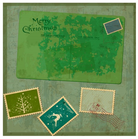 old merry christmas card with stamp
