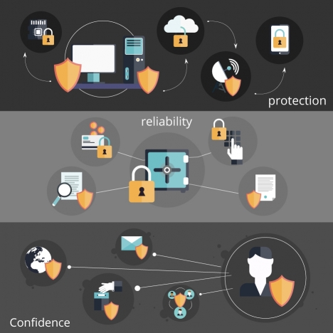 online information security concepts illustration with various icons