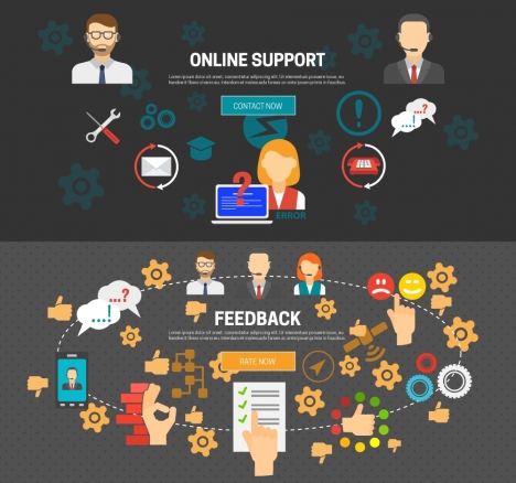 online support banners design with interfaces on dark