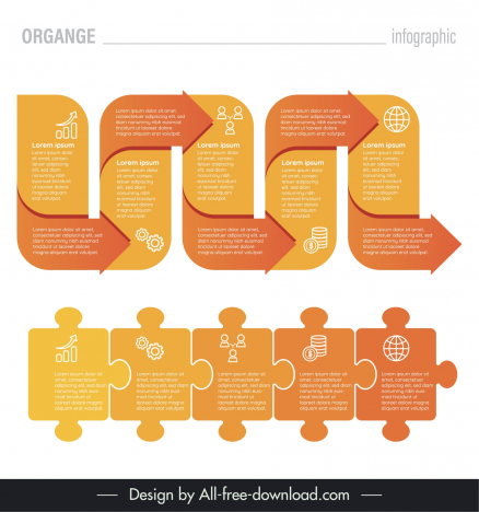 orange infographic template symmetric arrow puzzle joints connection