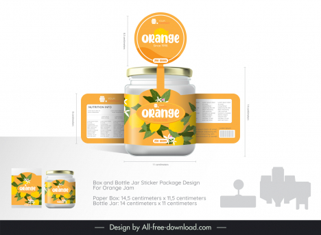 orange jam box and bottle jar sticker package template modern elegant flower fruits leaves decor