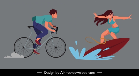 outdoor activities icons cycling surfboard sketch dynamic cartoon