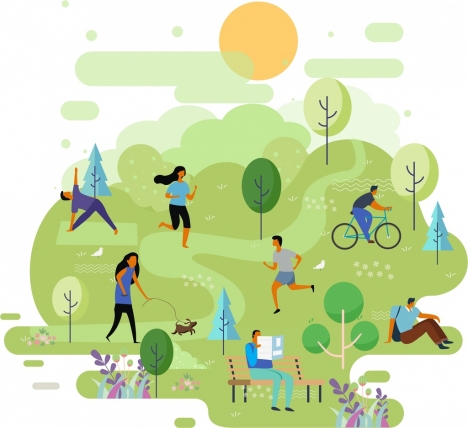 park background people activities icons cartoon design