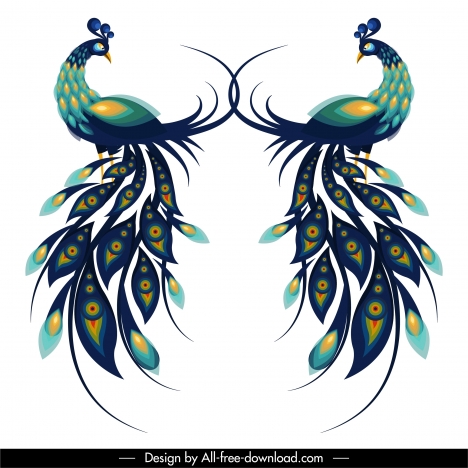 peafowl icons colorful flat symmetric design