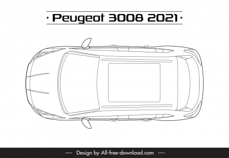 peugeot 3008 2021 car model advertising template flat symmetric black white handdrawn top view outline