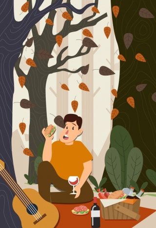 Picnic background eating man falling leaves colored cartoon vectors stock  in format for free download 