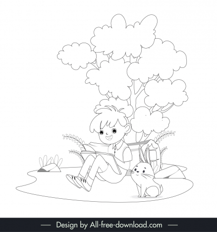 picture book design elements boy reading book bunny cartoon outline