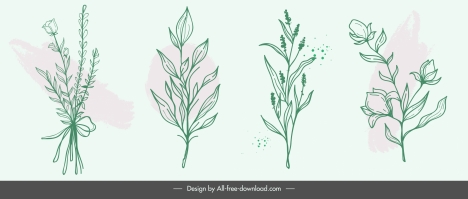 Plants icons retro handdrawn floras leaves sketch vectors stock in ...
