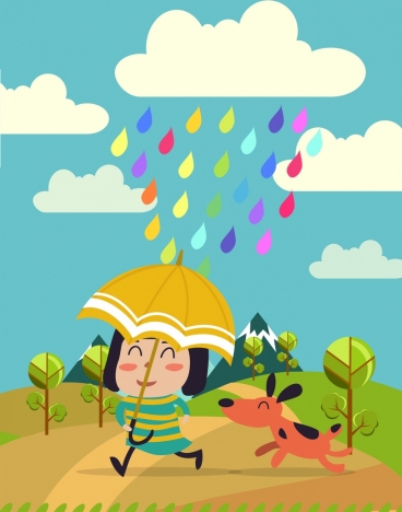 playful girl background colorful rain drops decoration
