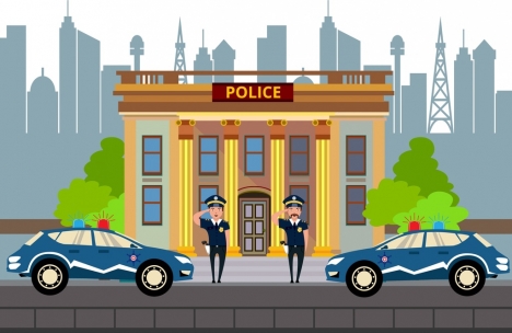 police station facade design officers car icons decoration