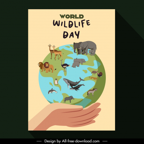 Poster world wildlife day template holding hand earth wild animals sketch  vectors stock in format for free download 162 bytes