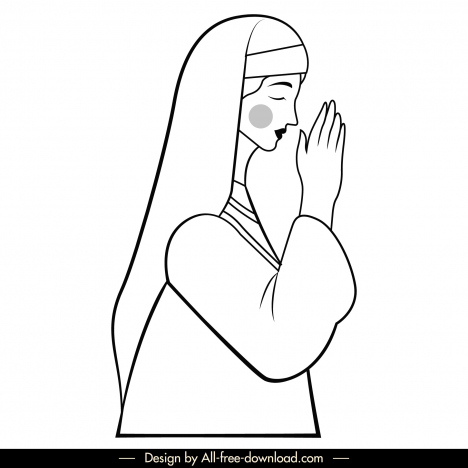 praying nun icon black white cartoon character outline