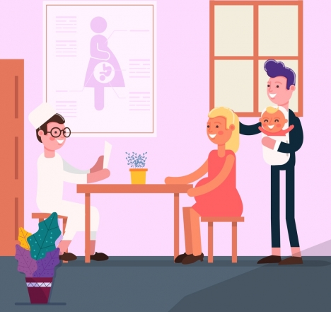 pregnancy time background doctor family icons cartoon design