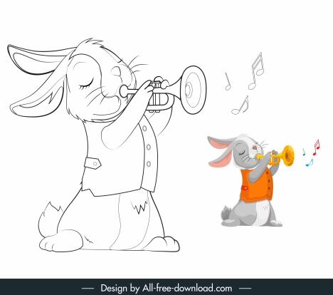 Rabbit icon trumpet playing sketch handdrawn cartoon character vectors  stock in format for free download 