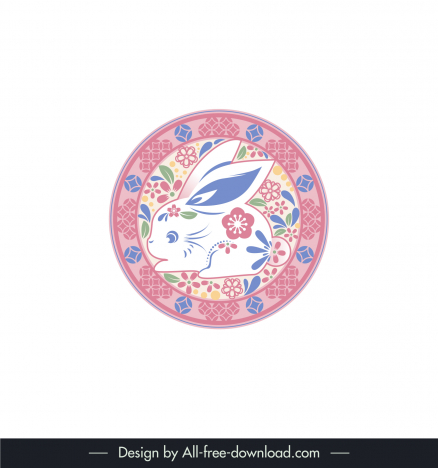 rabbit paper cut label template cute classical china style handdrawn circle isolation flowers decor