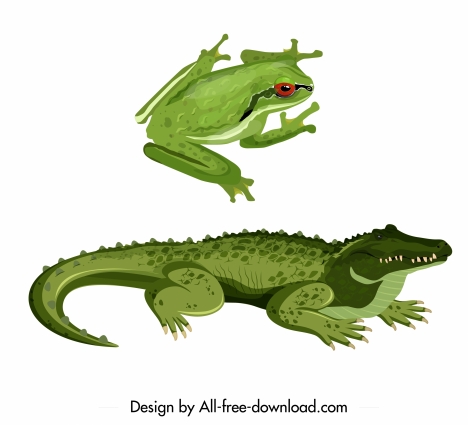 reptiles species icons green frog crocodile animals sketch