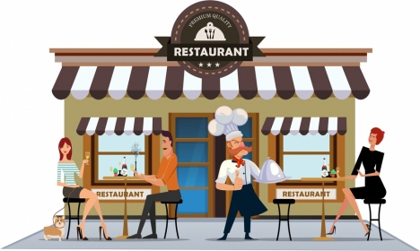 Restaurant exterior drawing cook diners icons colored cartoon vectors stock  in format for free download 